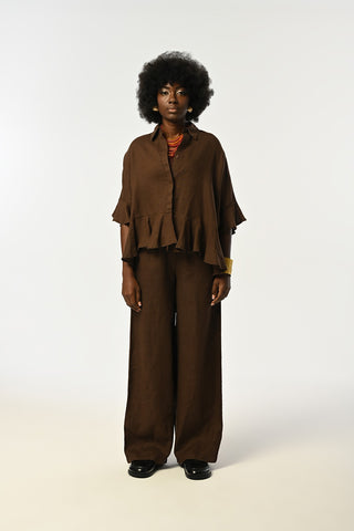 KADIN %100 KETEN ALTI VE KOLLARI FIRFIRLI KAHVERENGİ GÖMLEK