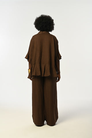 KADIN %100 KETEN ALTI VE KOLLARI FIRFIRLI KAHVERENGİ GÖMLEK