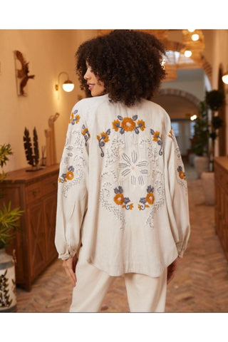 Arkası Ve Kolları Çiçek Nakışlı Kimono Ceket