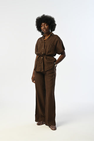 KADIN %100 KETEN KAHVERENGİ KISA KOLLU BAĞCIKLI GÖMLEK