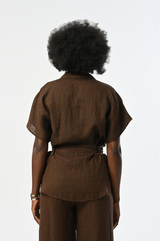 KADIN %100 KETEN KAHVERENGİ KISA KOLLU BAĞCIKLI GÖMLEK