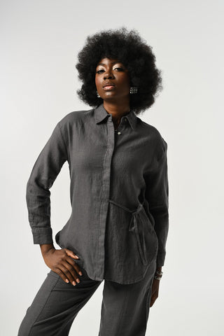 KADIN %100 KETEN ÖNÜ BAĞLAMA DETAYLI GÖMLEK