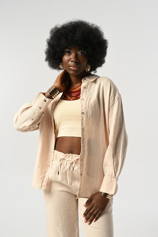 KADIN %100 KETEN ÖNÜ ŞERİT VE ARKASI DÜĞME DETAYLI GÖMLEK