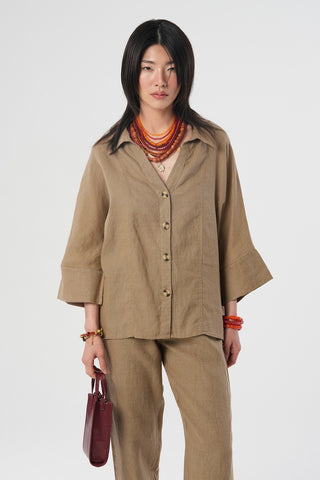 KADIN %100 KETEN V YAKA DÜZ RENK GÖMLEK