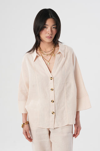 KADIN %100 KETEN V YAKA DÜZ RENK GÖMLEK