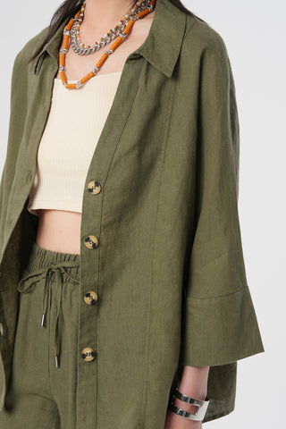 KADIN %100 KETEN V YAKA DÜZ RENK GÖMLEK