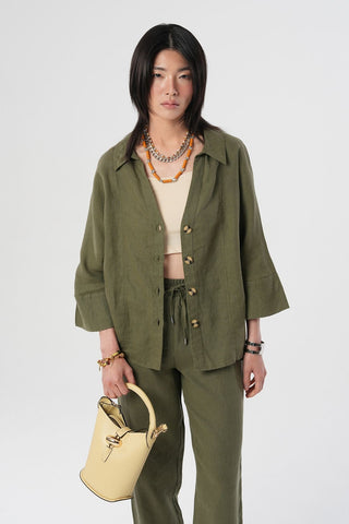 KADIN %100 KETEN V YAKA DÜZ RENK GÖMLEK