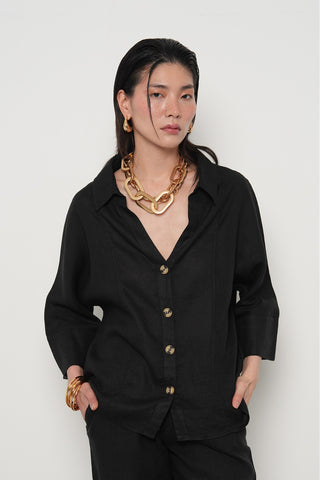 KADIN %100 KETEN V YAKA DÜZ RENK GÖMLEK