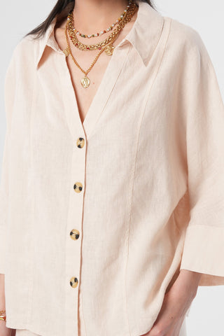 KADIN %100 KETEN V YAKA DÜZ RENK GÖMLEK