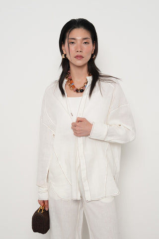 KADIN %100 KETEN HAKİM YAKA İP DETAYLI GÖMLEK