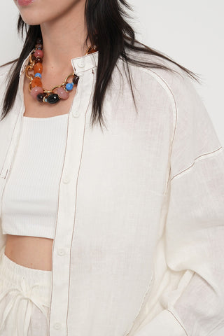 KADIN %100 KETEN HAKİM YAKA İP DETAYLI GÖMLEK