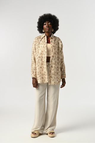 KADIN %100 KETEN DESENLİ OVERSİZE KESİM GÖMLEK