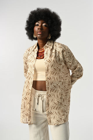 KADIN %100 KETEN DESENLİ OVERSİZE KESİM GÖMLEK