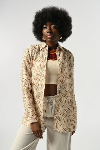 KADIN %100 KETEN DESENLİ OVERSİZE KESİM GÖMLEK