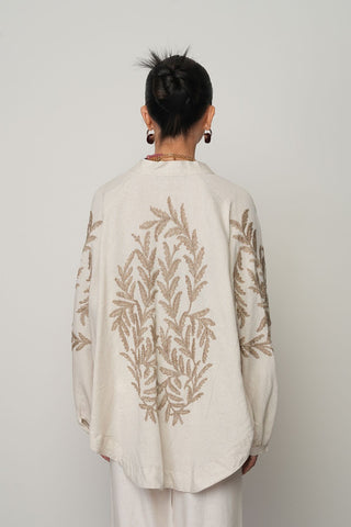 KADIN ARKASI KAHVERENGİ NAKIŞ İŞLEMELİ NATUR KİMONO