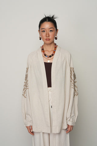 KADIN ARKASI KAHVERENGİ NAKIŞ İŞLEMELİ NATUR KİMONO