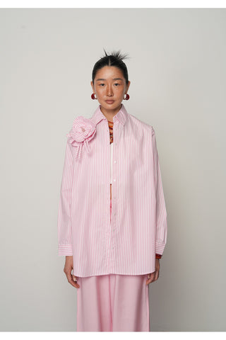 Çiçek Detaylı Pembe Beyaz Çizgili Kadın Gömlek - %100 Pamuk, Oversize, Uzun Kesim