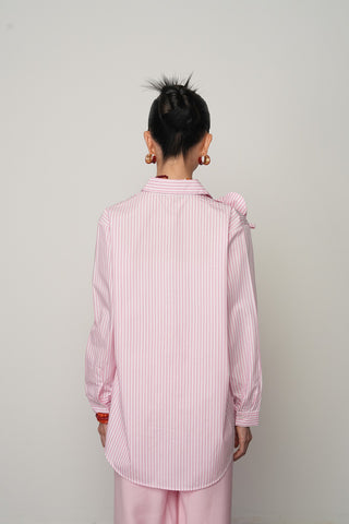 Çiçek Detaylı Pembe Beyaz Çizgili Kadın Gömlek - %100 Pamuk, Oversize, Uzun Kesim