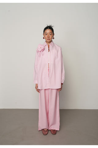 Çiçek Detaylı Pembe Beyaz Çizgili Kadın Gömlek - %100 Pamuk, Oversize, Uzun Kesim