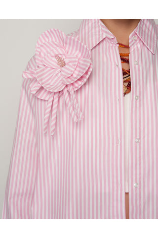 Çiçek Detaylı Pembe Beyaz Çizgili Kadın Gömlek - %100 Pamuk, Oversize, Uzun Kesim