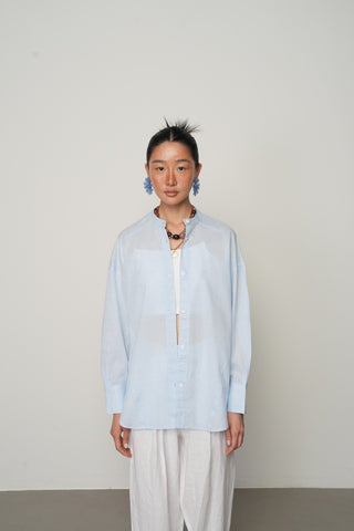 Kadın Serin Esinti İnce Çizgili Bisiklet Yaka Mavi Gömlek