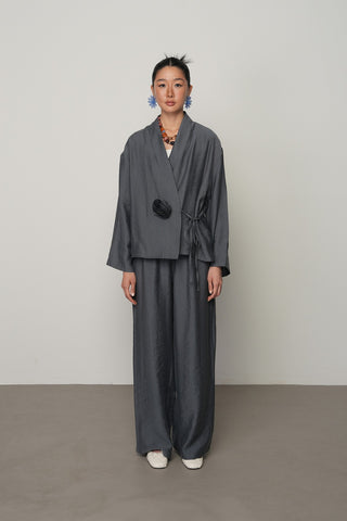 Kadın Gül Detaylı Yandan Bağlamalı Düz Renk Kimono-Ceket