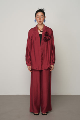 Kadın Gül Detaylı Düz Renk Oversize Kesim Kimono