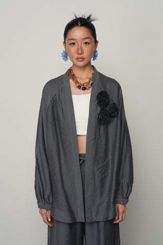 Kadın Gül Detaylı Düz Renk Oversize Kesim Kimono