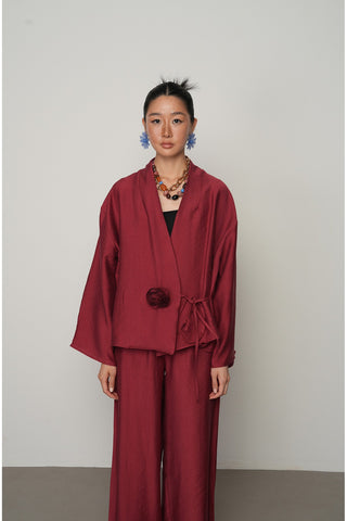 Kadın Gül Detaylı Yandan Bağlamalı Düz Renk Kimono-Ceket