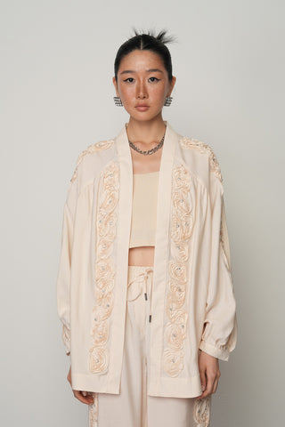 Kadın Şerit Gül ve Taş Detaylı Düz Oversize Kimono