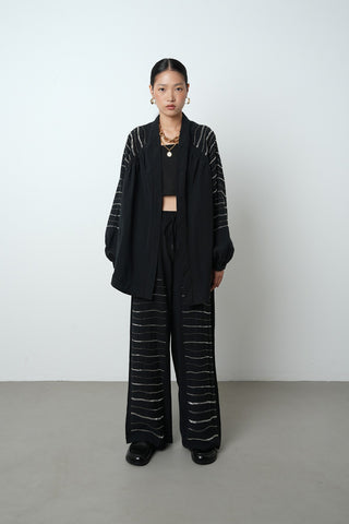 Kadın Arkası Ve Kolları Yatay Taş İşlemeli Oversize Kesim Kimono