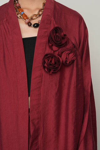 Kadın Gül Detaylı Düz Renk Oversize Kesim Kimono