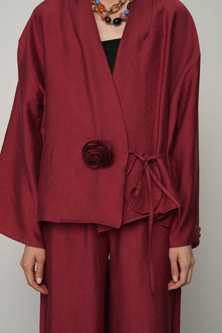 Kadın Gül Detaylı Yandan Bağlamalı Düz Renk Kimono-Ceket