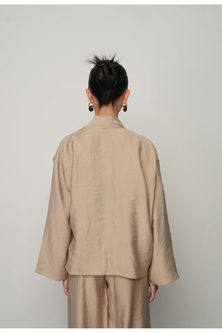 Kadın Gül Detaylı Yandan Bağlamalı Düz Renk Kimono-Ceket