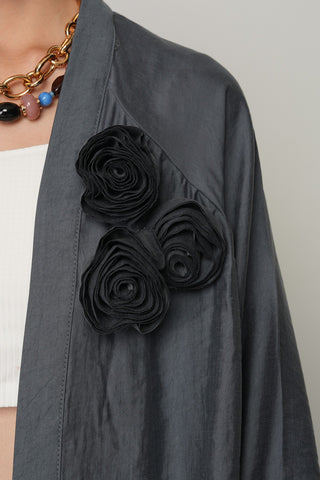 Kadın Gül Detaylı Düz Renk Oversize Kesim Kimono