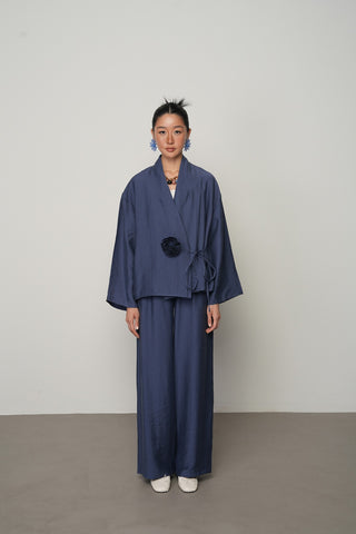 Kadın Gül Detaylı Yandan Bağlamalı Düz Renk Kimono-Ceket