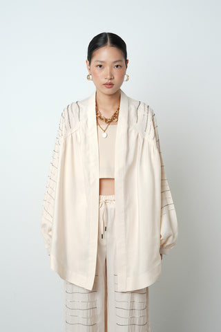Kadın Arkası Ve Kolları Yatay Taş İşlemeli Oversize Kesim Kimono