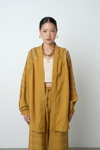 Kadın Arkası Ve Kolları Yatay Taş İşlemeli Oversize Kesim Kimono