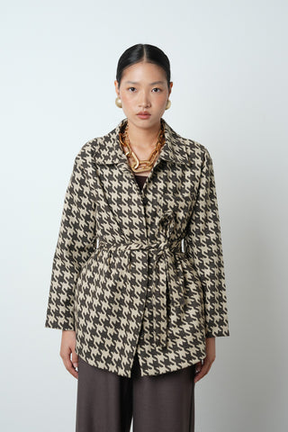 KADIN KAZAYAĞI DESENLİ CEPLİ ASTARSIZ KAHVERENGİ CEKET-GÖMLEK