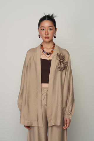 Kadın Gül Detaylı Düz Renk Oversize Kesim Kimono