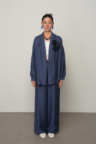 Kadın Gül Detaylı Düz Renk Oversize Kesim Kimono