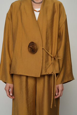 Kadın Gül Detaylı Yandan Bağlamalı Düz Renk Kimono-Ceket