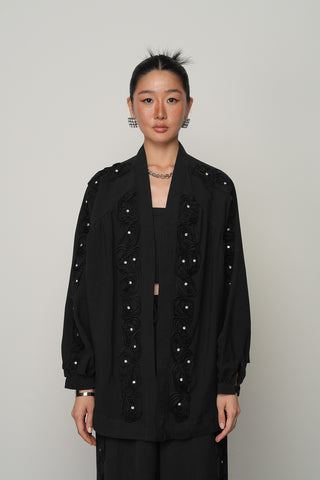 Kadın Şerit Gül ve Taş Detaylı Düz Oversize Kimono