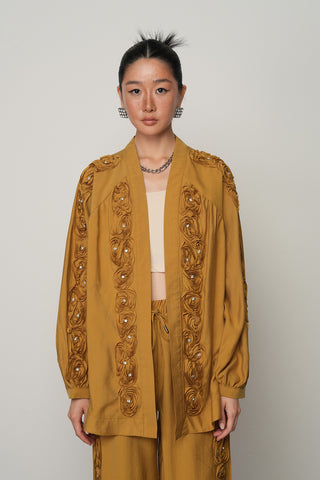 Kadın Şerit Gül ve Taş Detaylı Düz Oversize Kimono