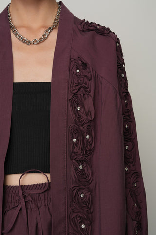 Kadın Şerit Gül ve Taş Detaylı Düz Oversize Kimono