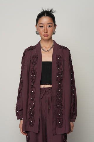 Kadın Şerit Gül ve Taş Detaylı Düz Oversize Kimono