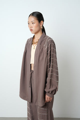 Kadın Arkası Ve Kolları Yatay Taş İşlemeli Oversize Kesim Kimono