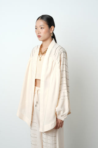 Kadın Arkası Ve Kolları Yatay Taş İşlemeli Oversize Kesim Kimono
