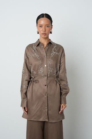 Kadın Boncuk İşlemeli Belden Büzgülü Çıtçıt Kapamalı Ceket