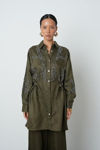 Kadın Boncuk İşlemeli Belden Büzgülü Çıtçıt Kapamalı Ceket